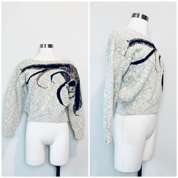 Vintage Tan Cream Appliqué Sweater Medium Floral Indie Cottage Knit Boat - Picture 1 of 6